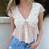 Mesh Short Sleeve Floral V-Neck Top